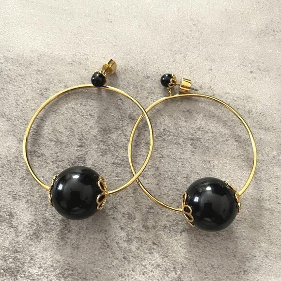 Kate Spade Pearlette Black Ball Charm Pierced Front Drop Hoop Gold Tone Earrings - Picture 2 of 7